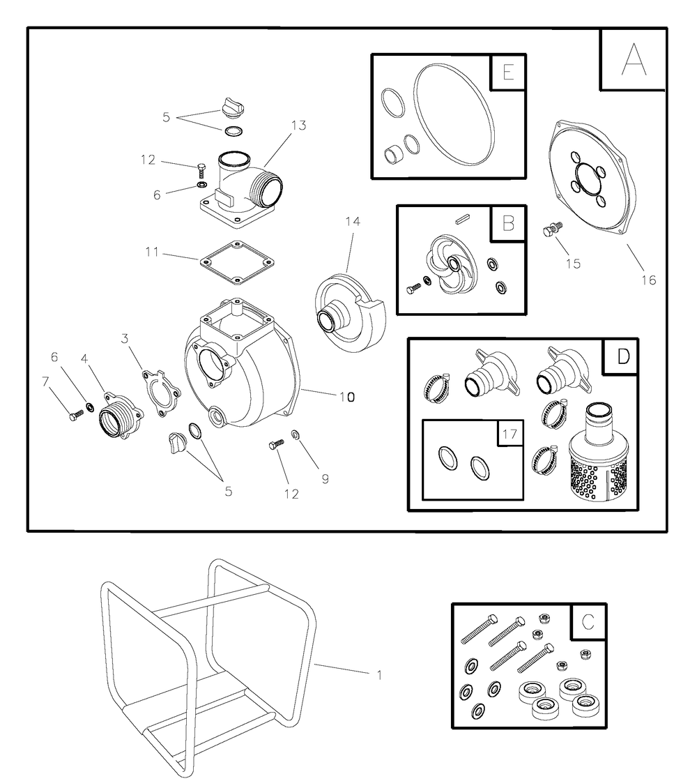 Main Unit Diagram and Parts List for 073002-0-155GPM  Briggs and Stratton Water Pump